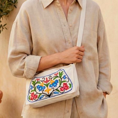 Kashmiri Floral Vine Embroidered Canvas & Wool Crossbody Bag